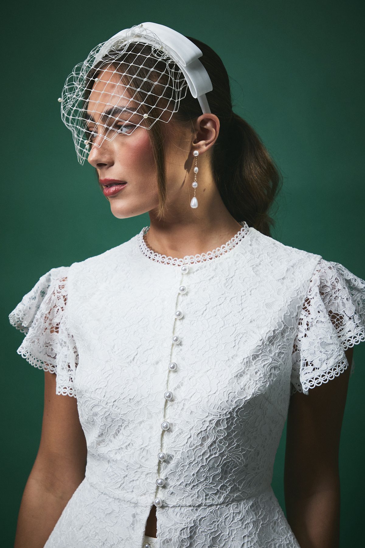 Coast Lisa Tan Textured Sequin Lace with Peplum Hem and Flutter Sleeve Bridal Top Ivory image 4
