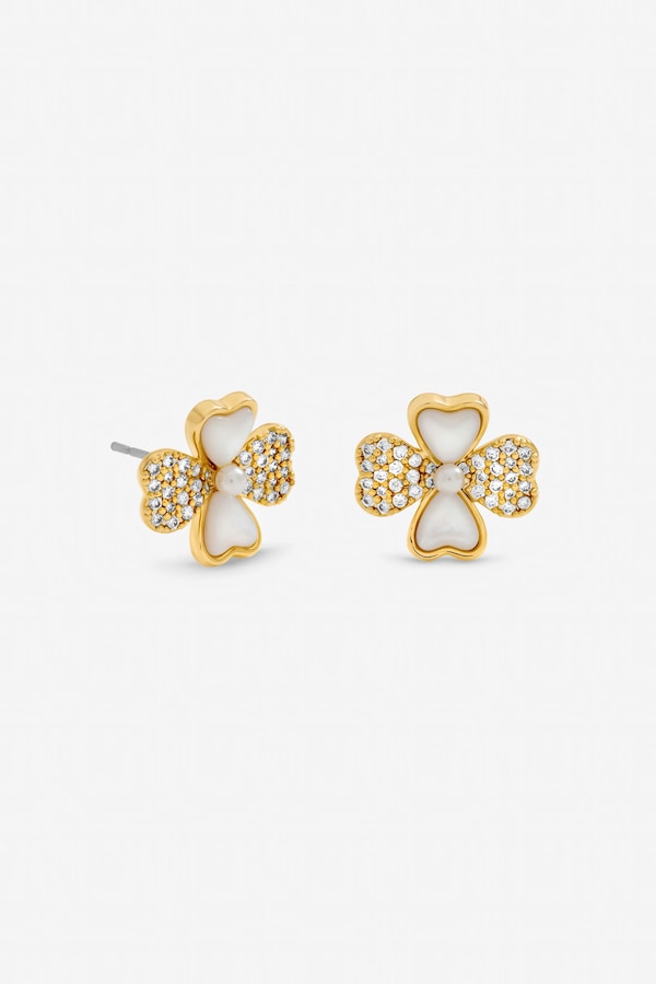 Inicio Gold Plated Mother of Pearl and Pave Clover Stud Earrings - Gift Pouch
