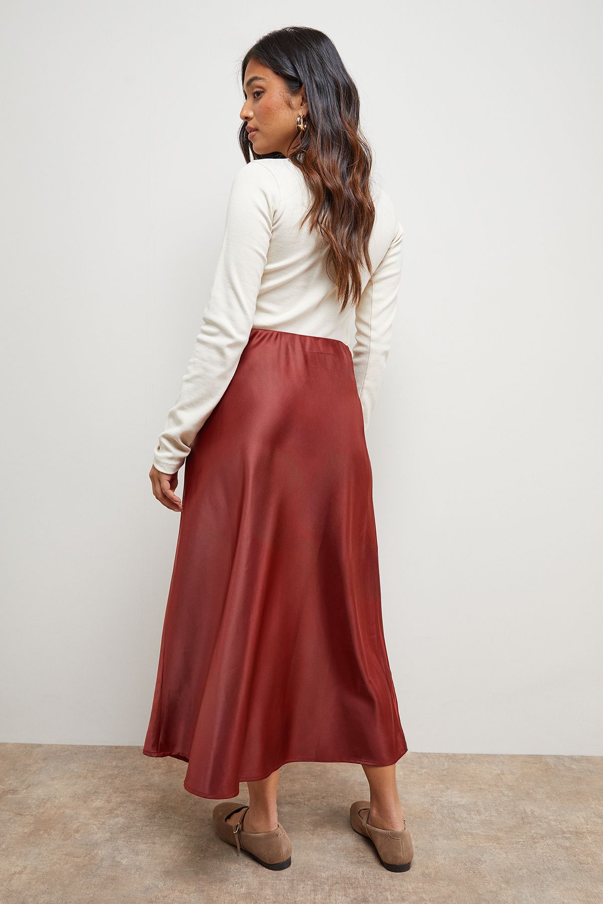 Oasis Rust Petite Satin Bias Cut Midi Skirt PLT