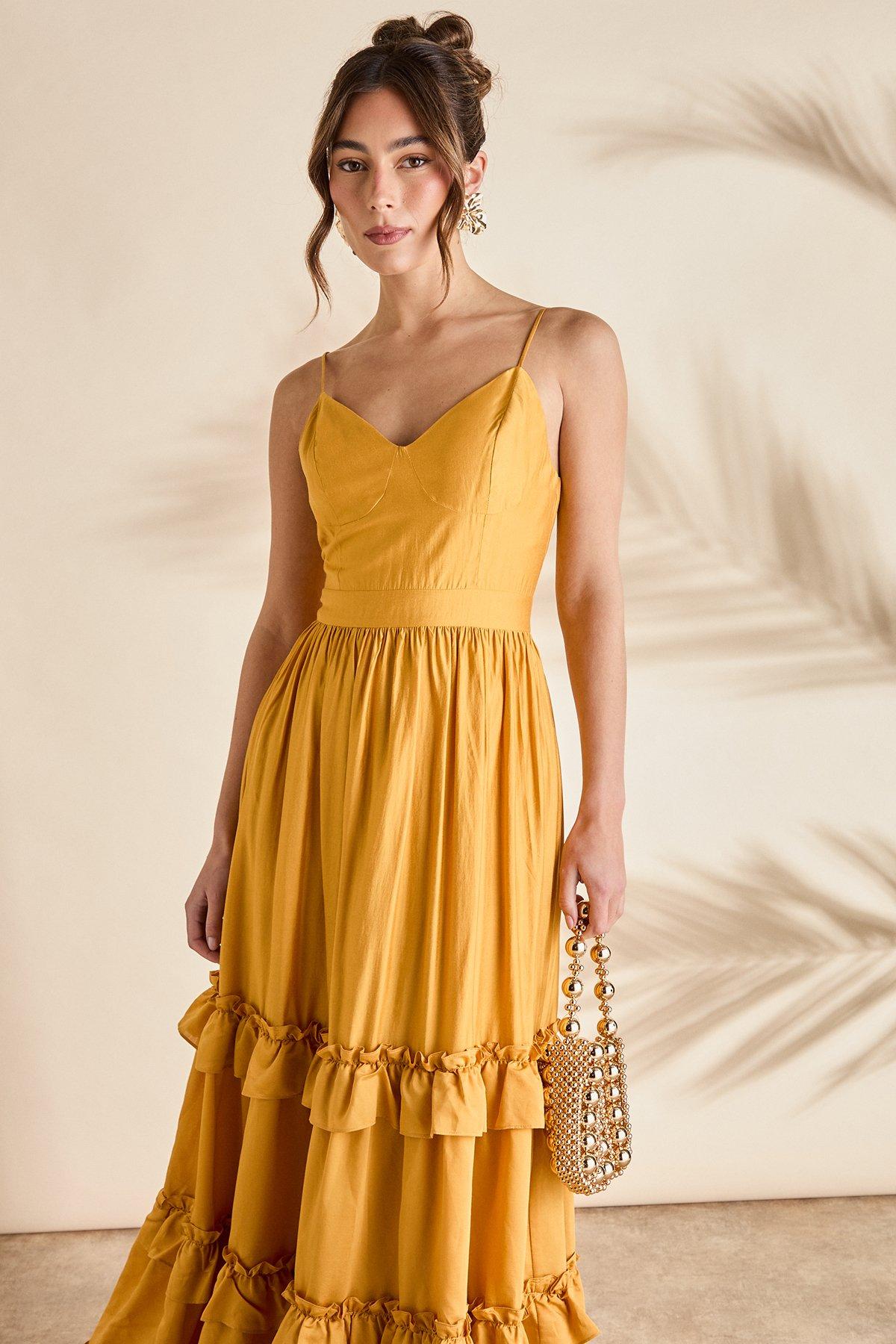 Women Mustard Floral Frill Sleeve Maxi