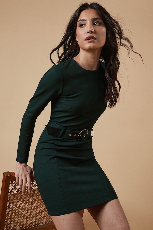 Oasis Ponte Belted Mini Dress Forest