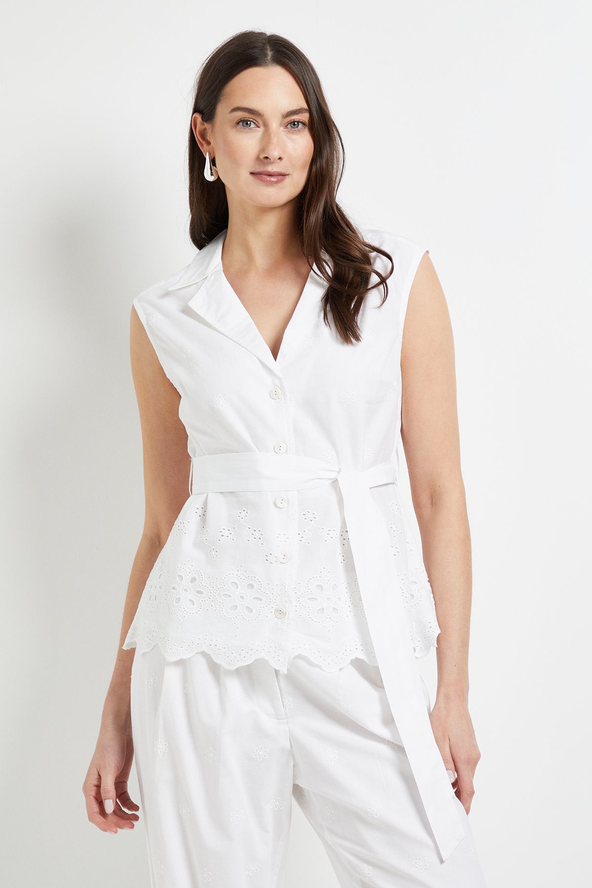 Principles Collared Belted Broderie Top White