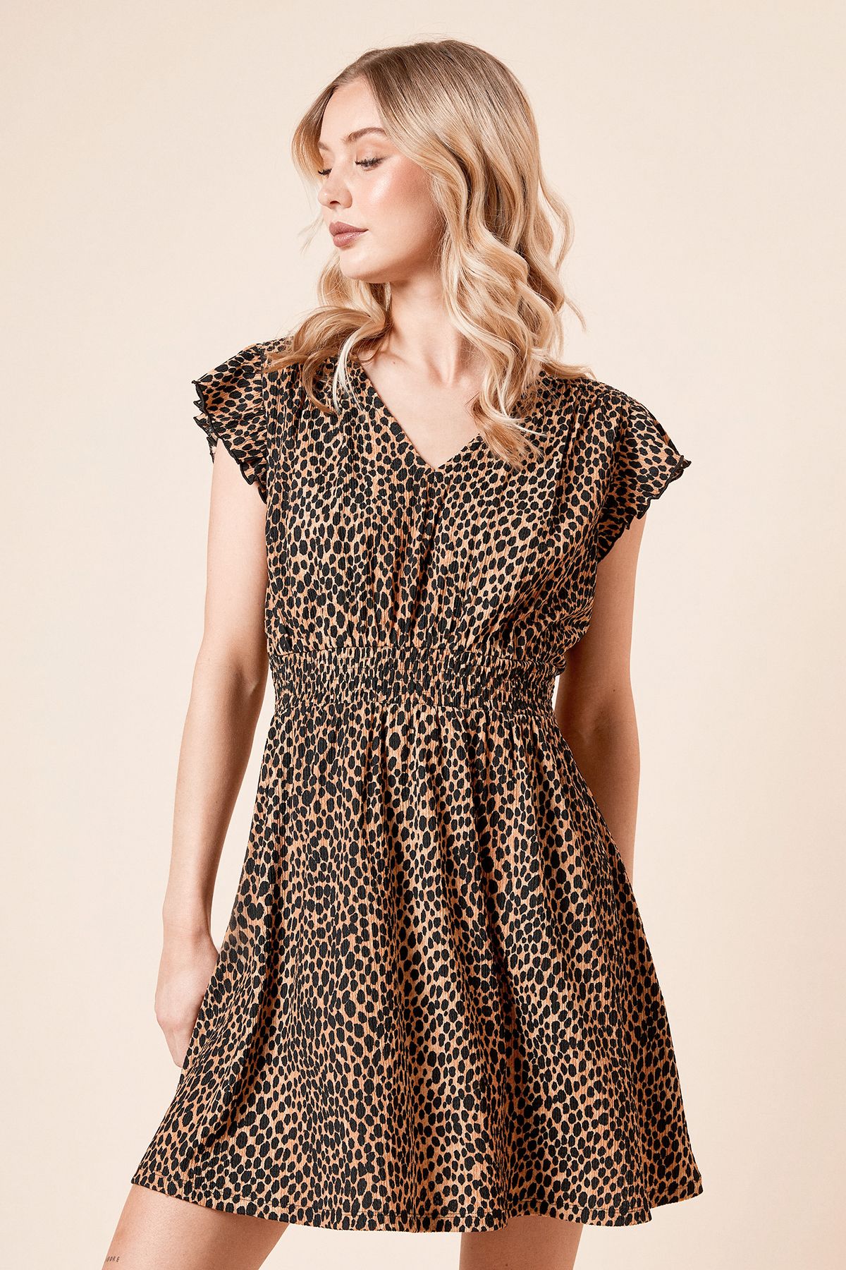 Dorothy Perkins Animal Flutter Sleeve V Neck Jersey Mini Dress Animal image 1