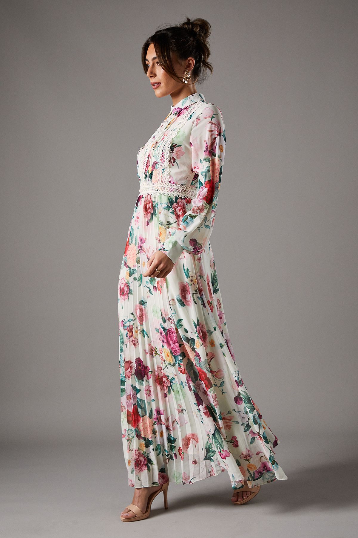 Coast Pleated Lace Trim Midi Dress Multi image 3