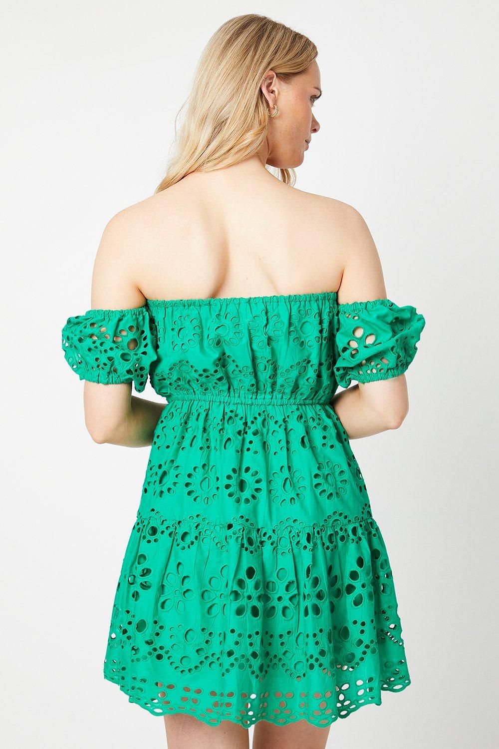 Oasis Bardot Broderie Mini Dress Bright Green image 3