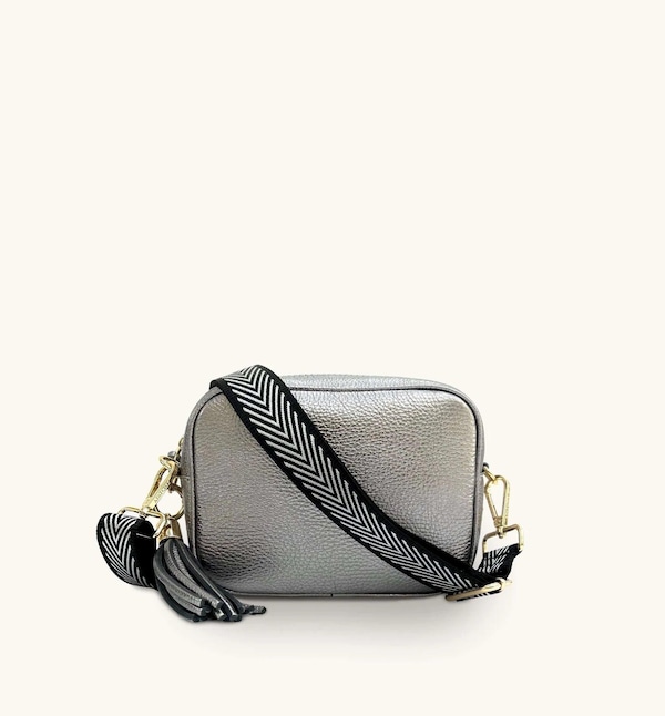 Apatchy London Pewter Leather Crossbody Bag With Black & Silver Chevron Strap