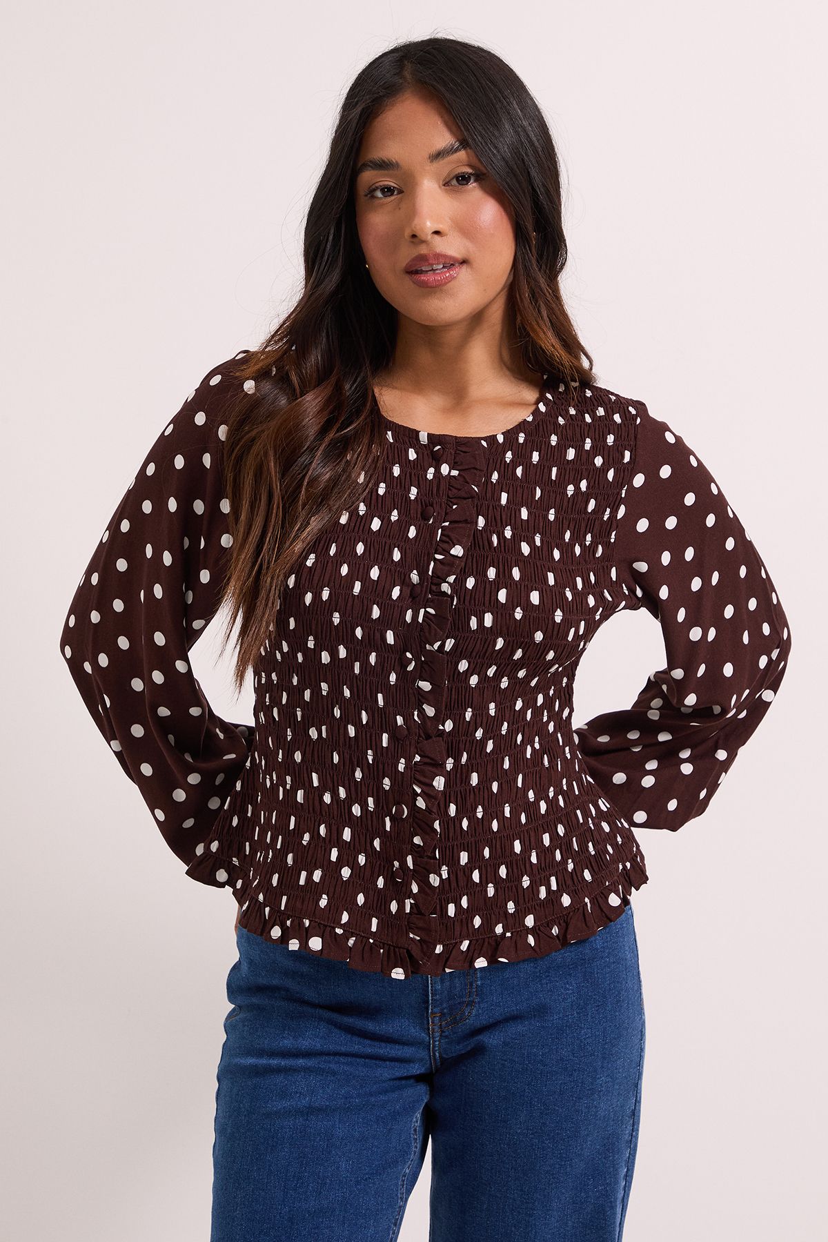 Dorothy Perkins Petite Shirred Bodice Button Through Top Burgundy image 1