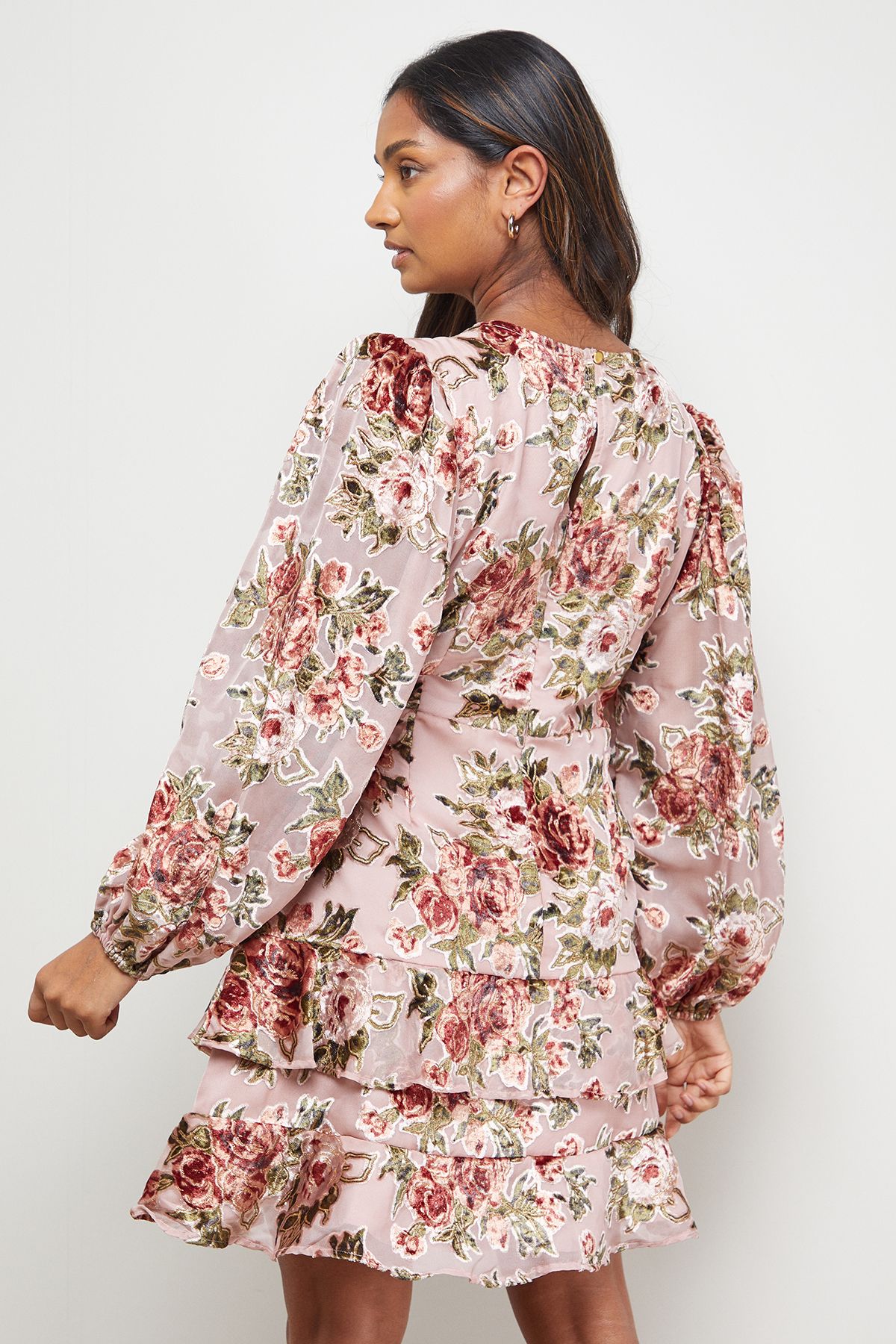 Oasis Devore Tiered Puff Sleeve Mini Tea Dress Rose image 3