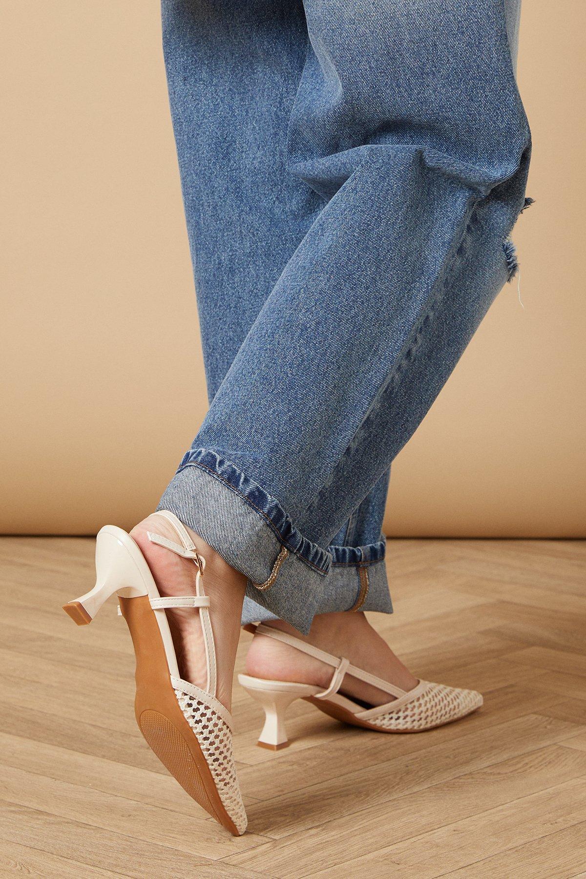 Oasis Sabel Faux Leather Woven Detail Pointed Slingback Kitten Heeled Shoes Cream image 4