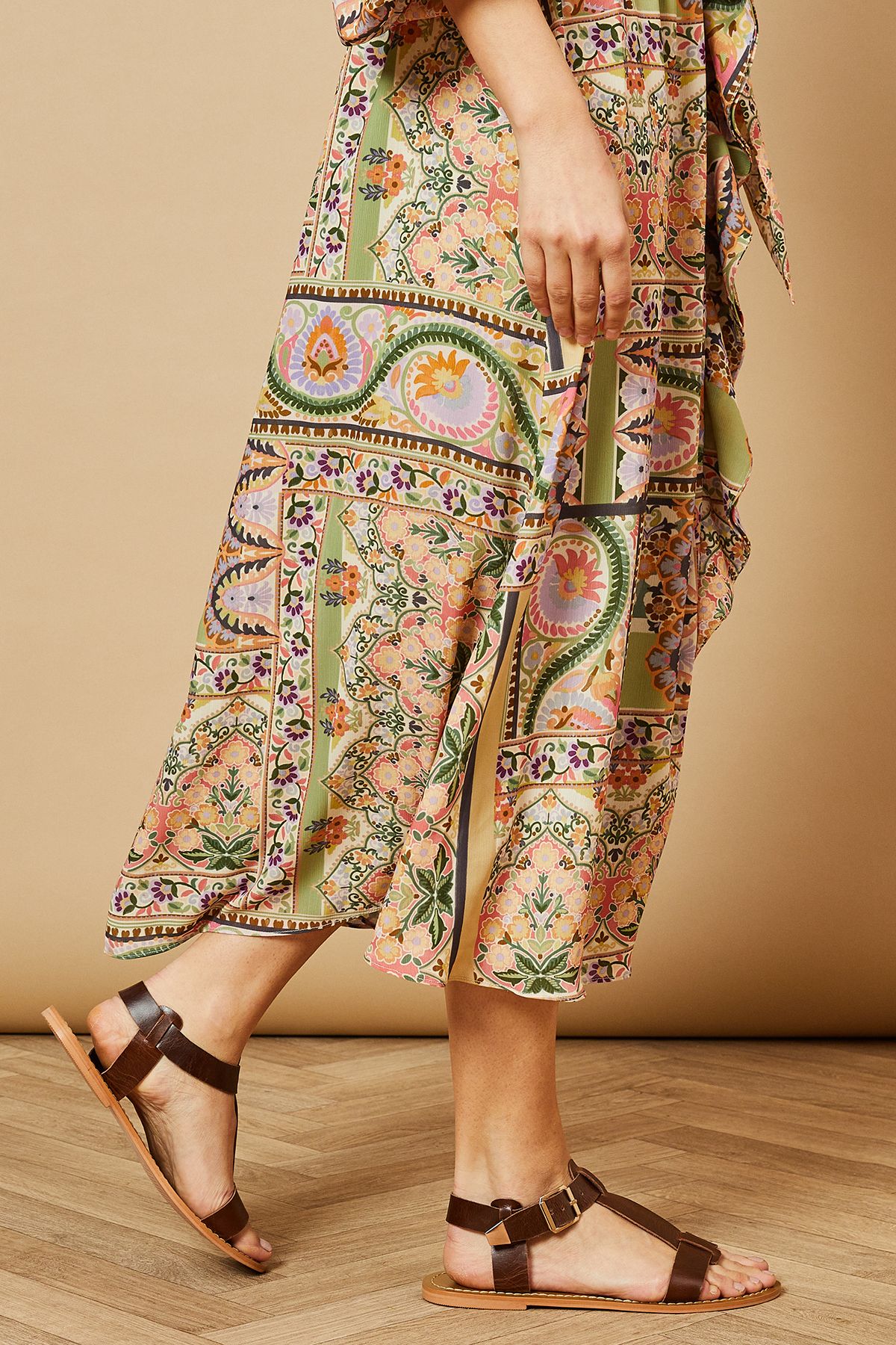 Oasis Fia Real Leather Buckle Detail T-Bar Flat Sandals Brown image 3