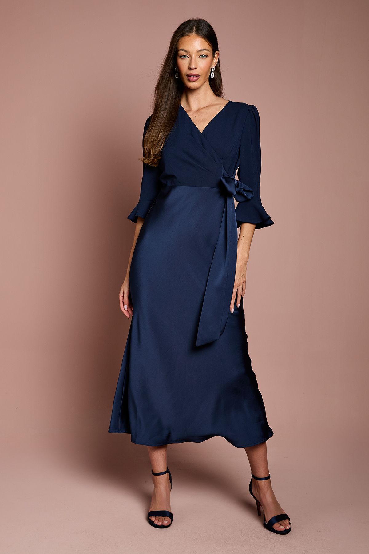 Coast Ruffle Sleeve Satin Back Crepe Wrap Dress Navy image 1