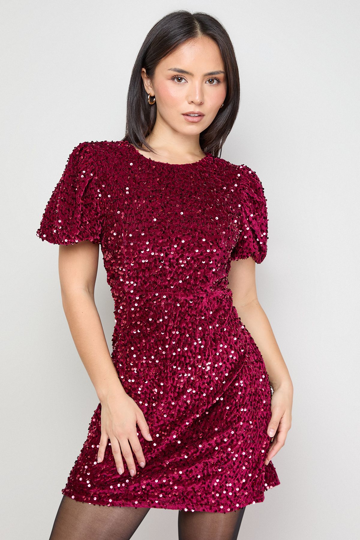 Oasis Petite Occasion Puff Sleeve Sequin Mini Dress Red image 1
