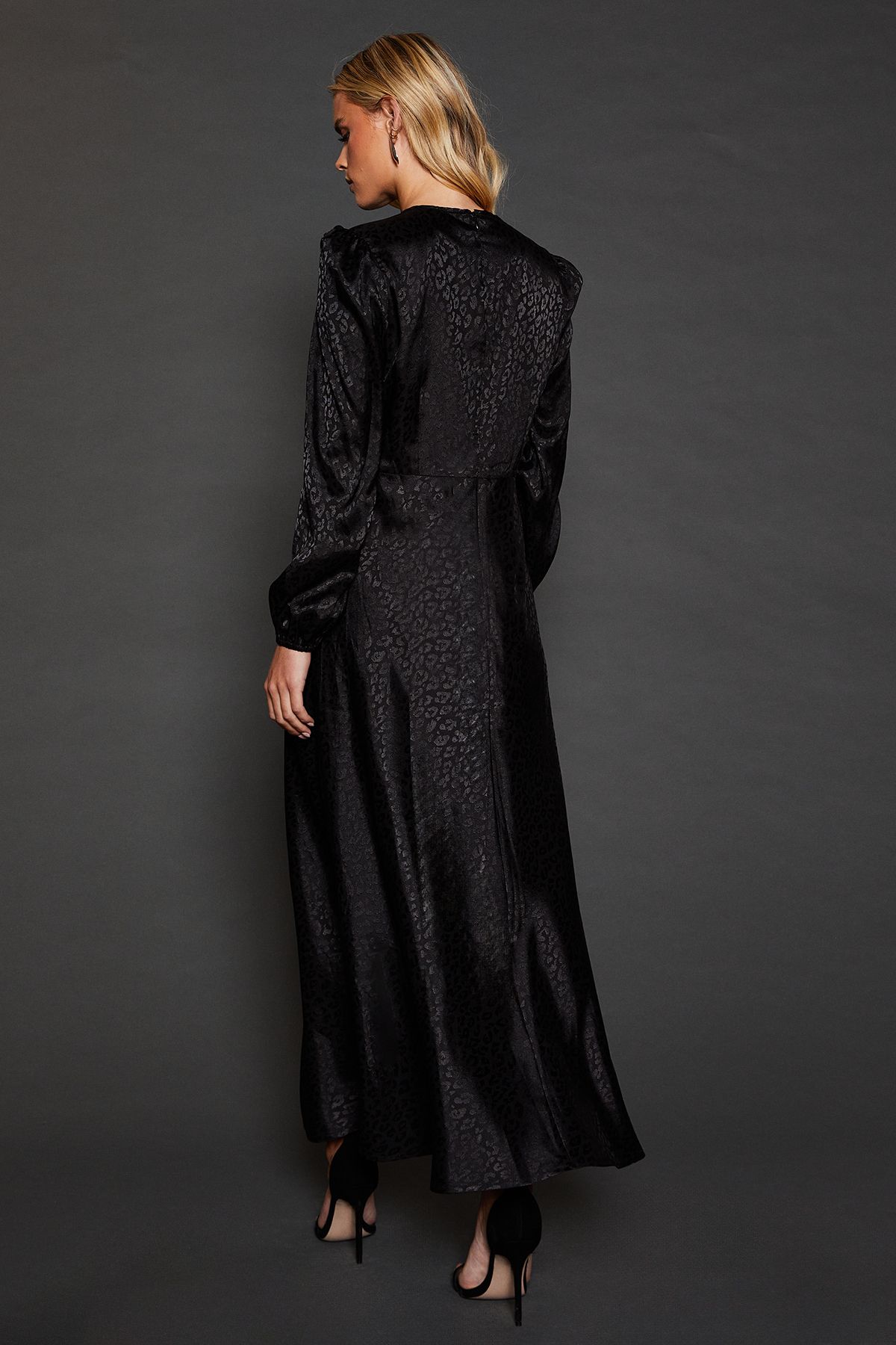 Dorothy Perkins Petite Satin Jacquard Empire Long Sleeve Midi Dress Black image 3