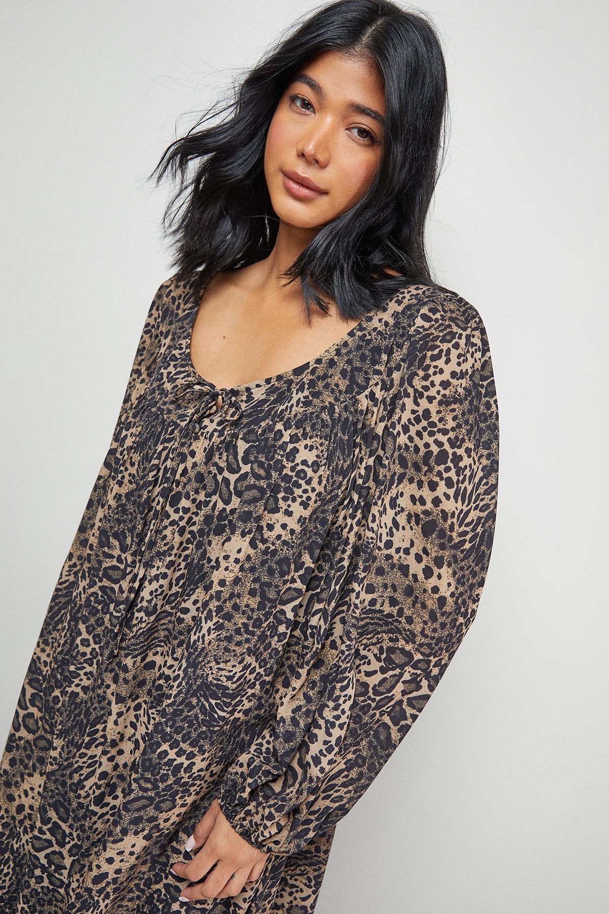 Warehouse Chiffon Tie Front Volume Midi Smock Dress Leopard image 4