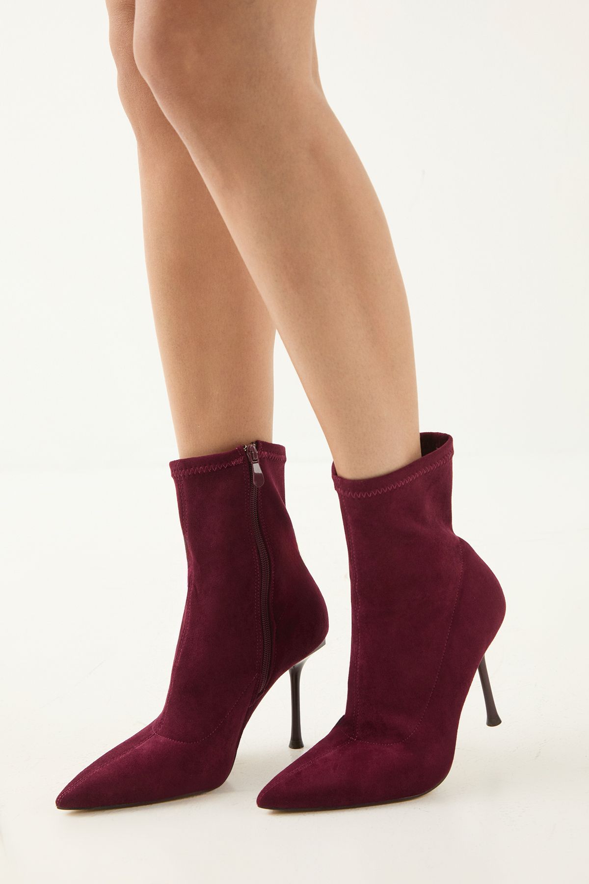 MissPap Faux Suede Pointed High Stiletto Heel Sock Ankle Boot Burgundy image 1