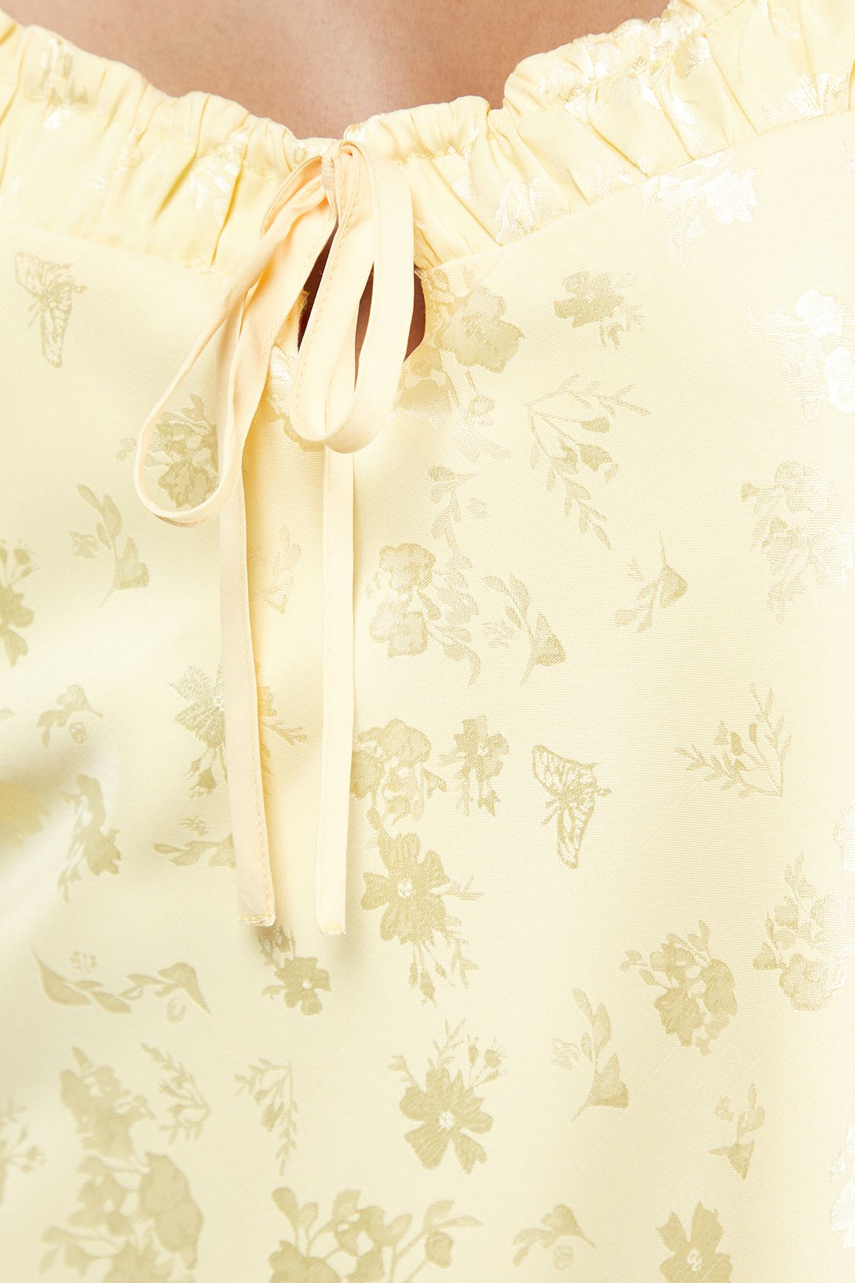 Warehouse Satin Jacquard Ruched Bust Tie Mini Slip Dress Yellow image 5