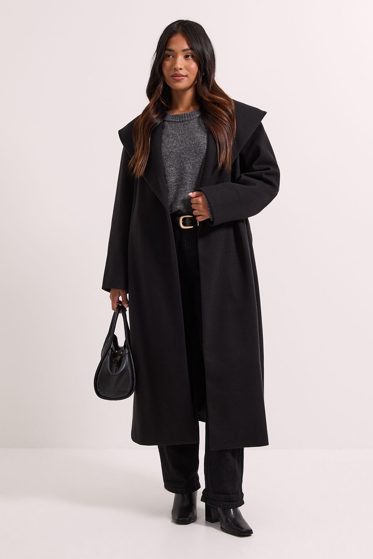 Dorothy Perkins Petite Shawl Belted Coat Black image 1