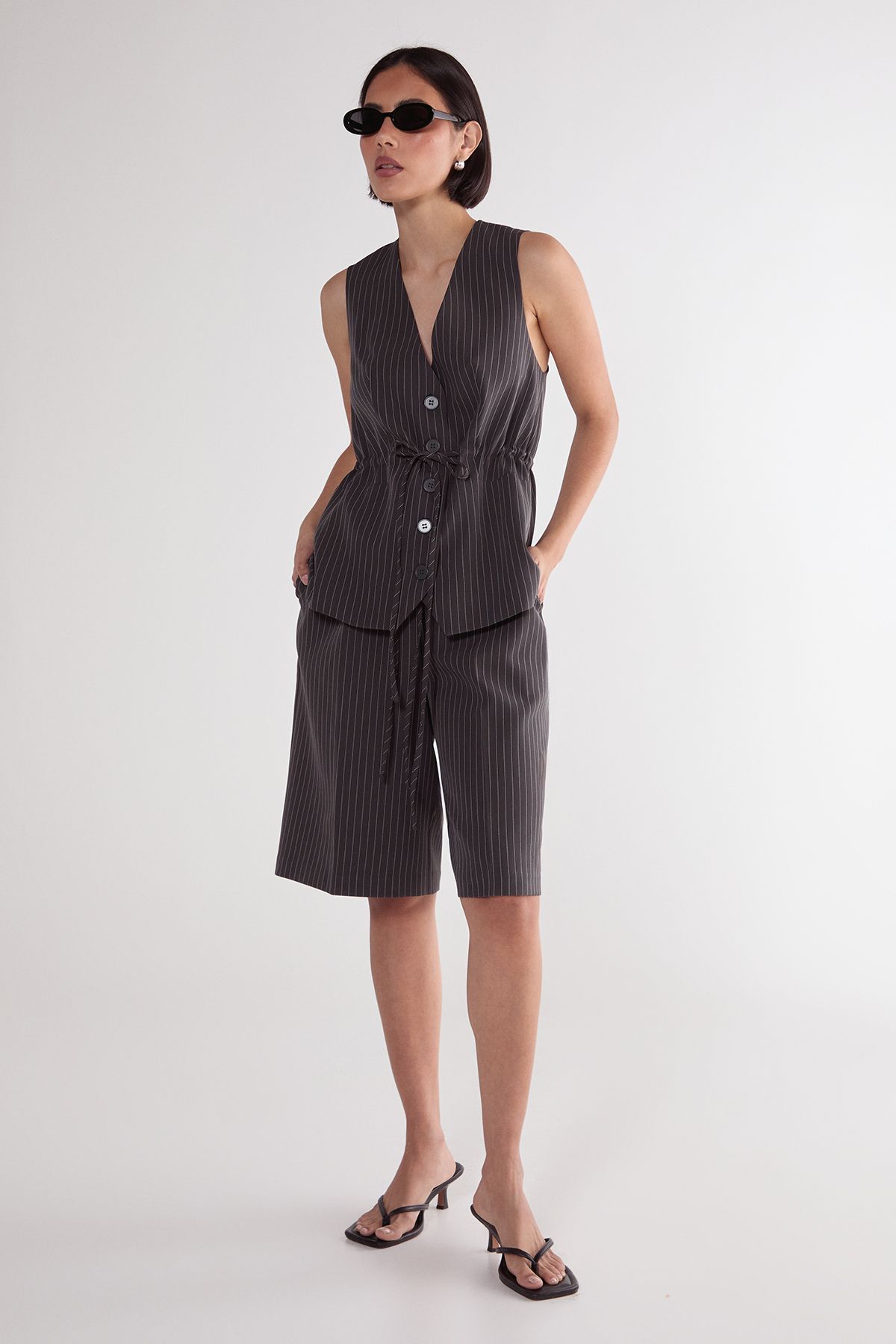 NastyGal Pinstripe Ruched Tie Front Waistcoat Grey image 2