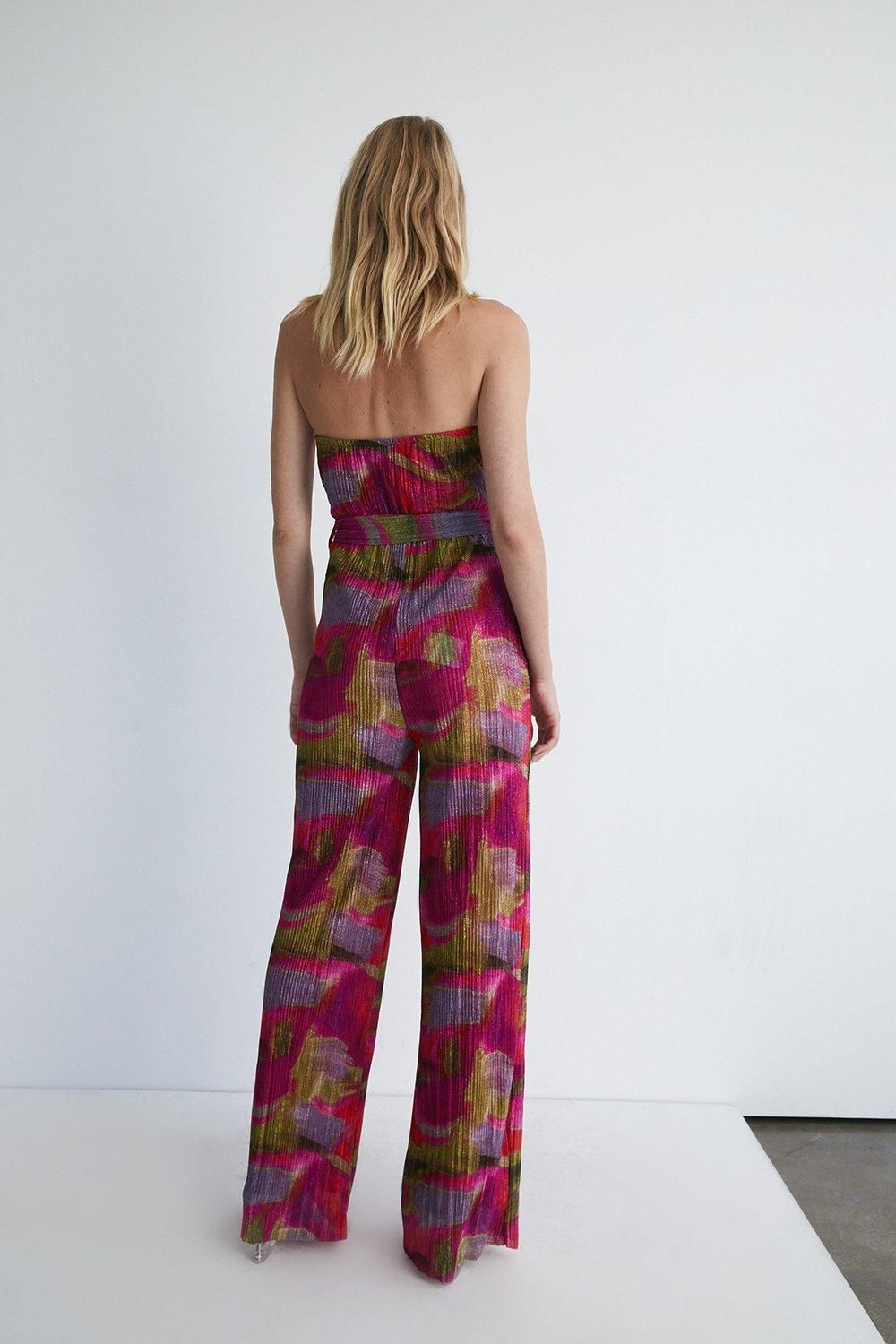 Warehouse Abstract Metallic Plisse Halter Jumpsuit Pink image 3