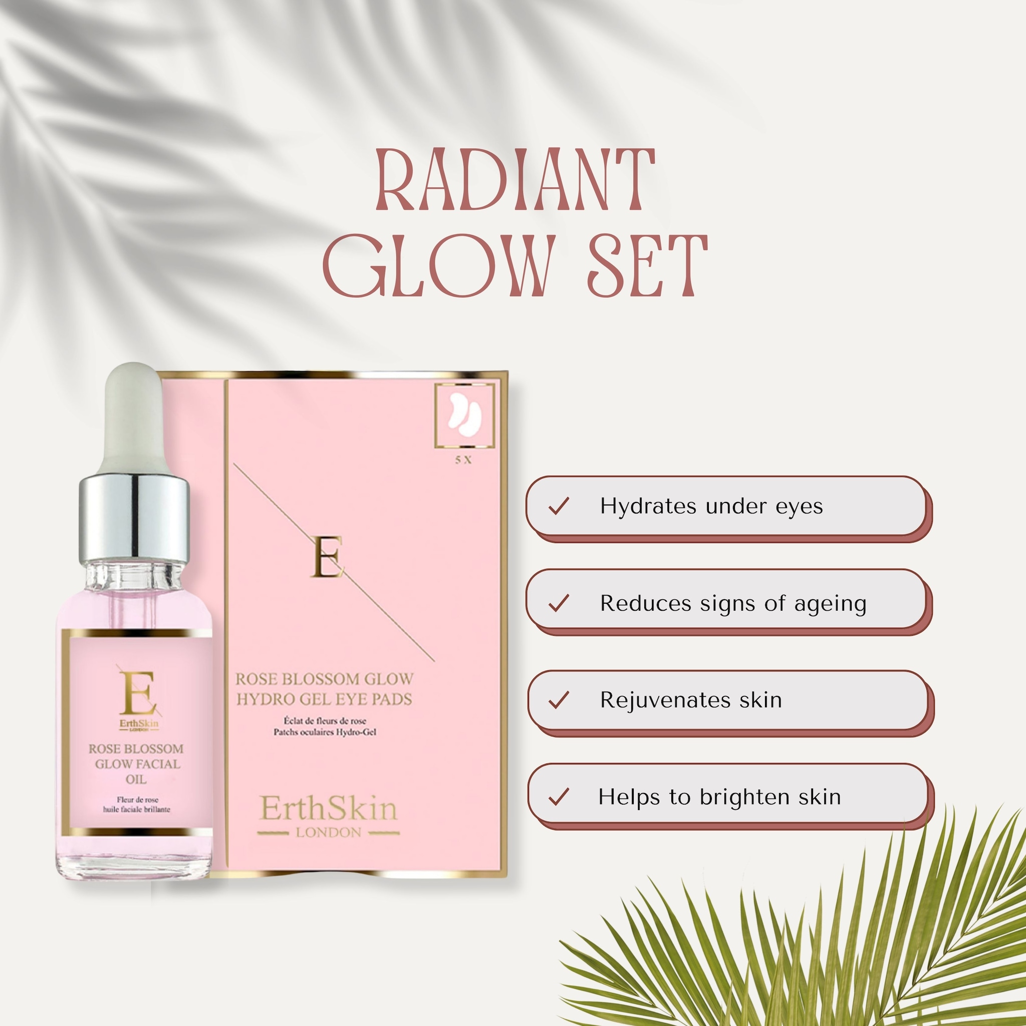 Erth Skin London Rose Glow Revival Set: Facial Oil 30ml + Rose Hydro-Gel Eye Pads image 2