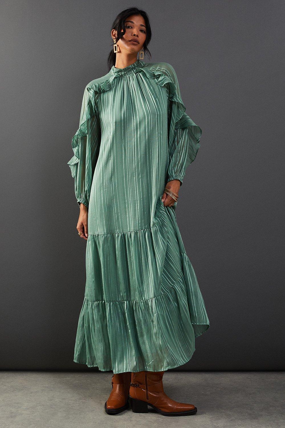 Warehouse Shadow Stripe Tie Back Neck Ruffle Tier Midi Dress Olive image 1