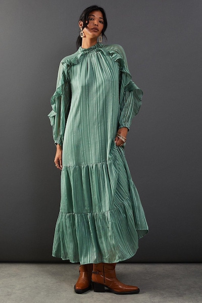 Warehouse Shadow Stripe Tie Back Neck Ruffle Tier Midi Dress Olive