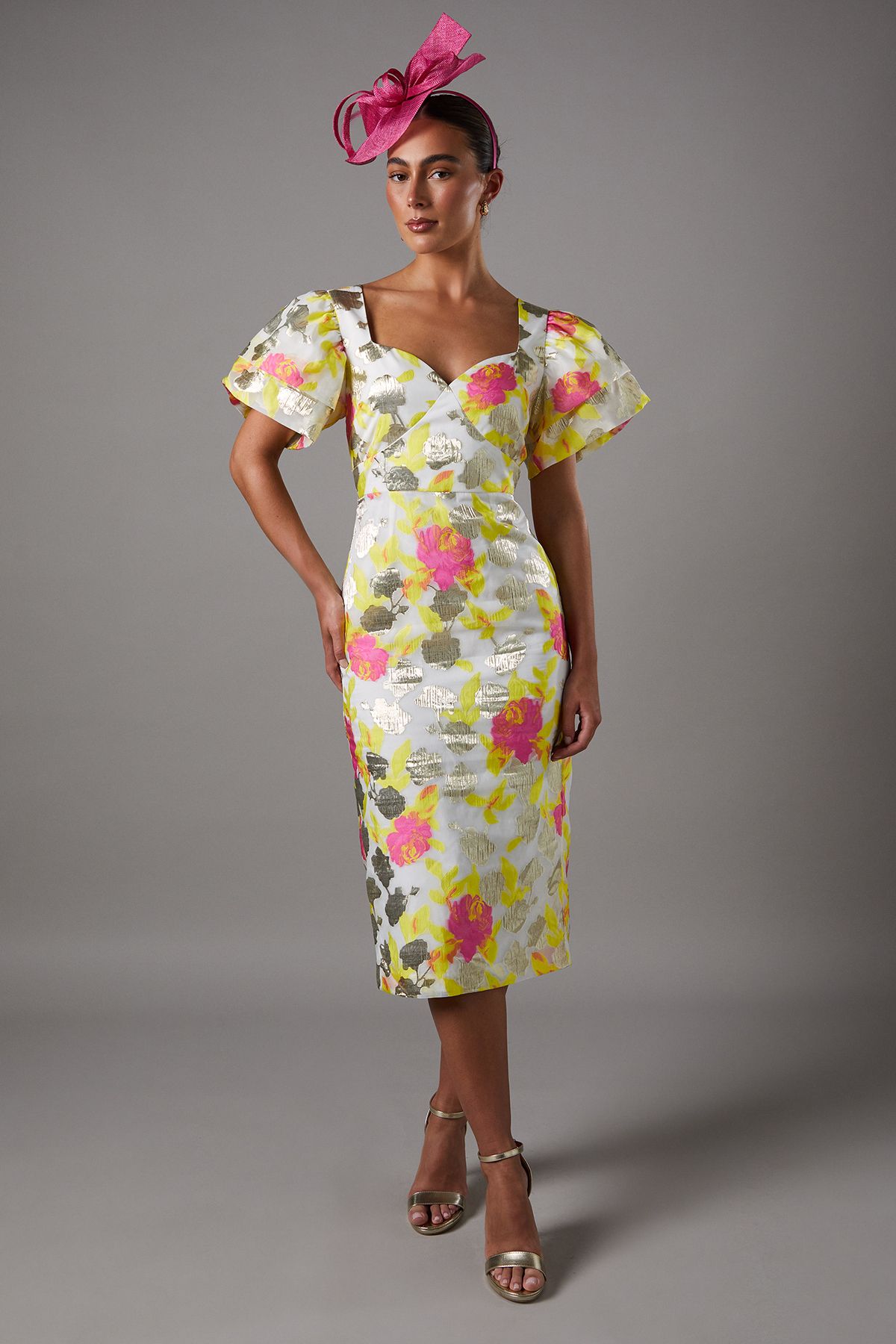 Coast Metallic Jacquard Volume Sleeve Midi Dress Yellow image 1