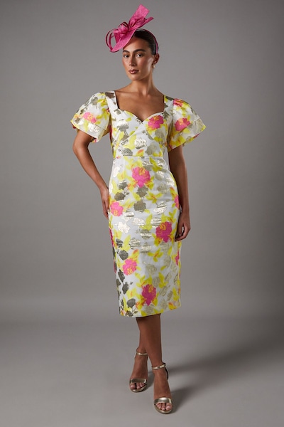 Coast Metallic Jacquard Volume Sleeve Midi Dress Yellow