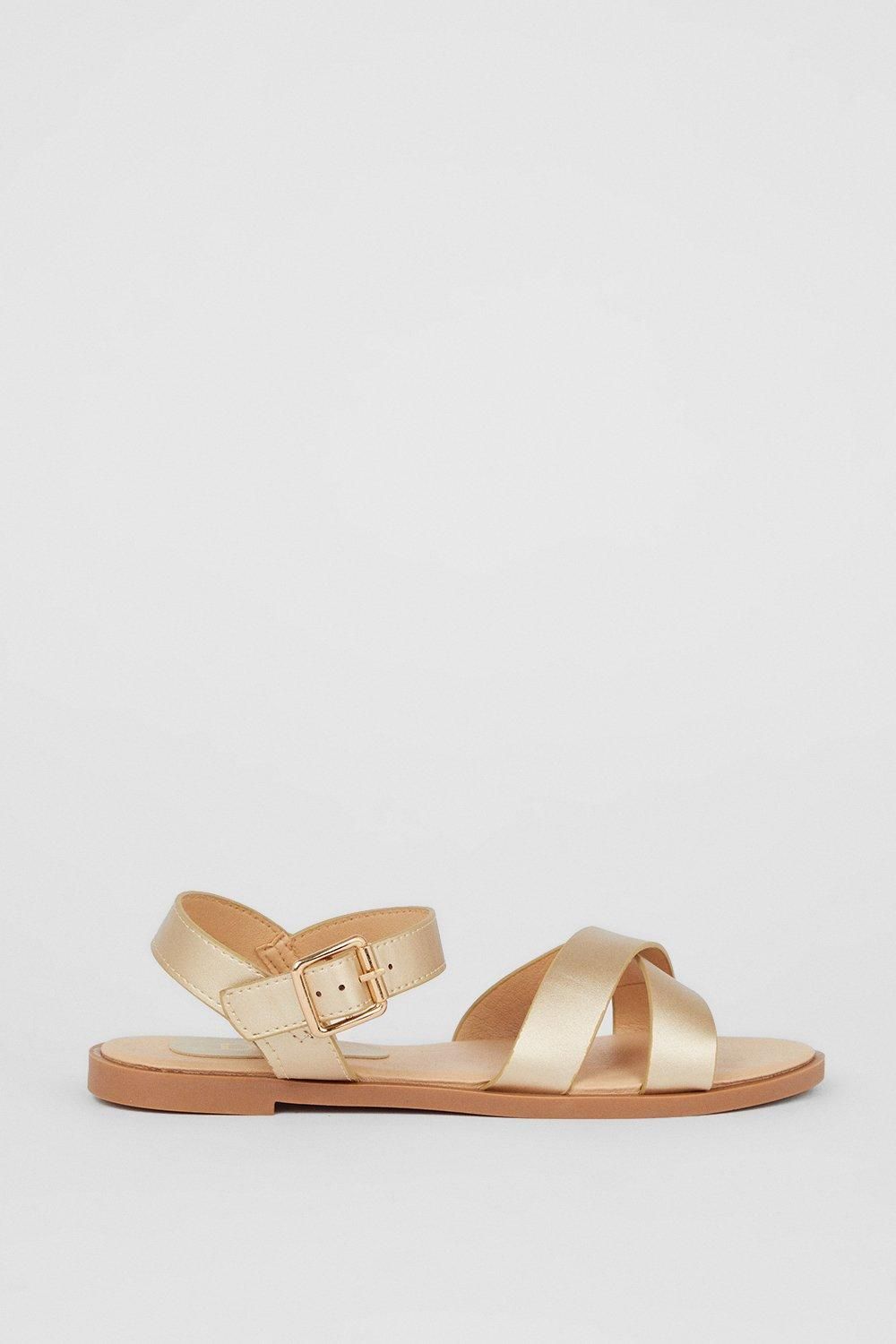 Dorothy Perkins Florence Faux Leather Cross Strap Flat Sandals Gold image 2