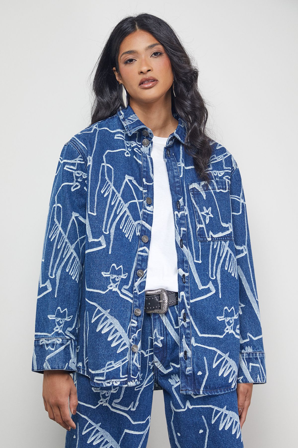Warehouse Tony Oversized Printed Denim Shirt Co-ord Mid Blue image 5