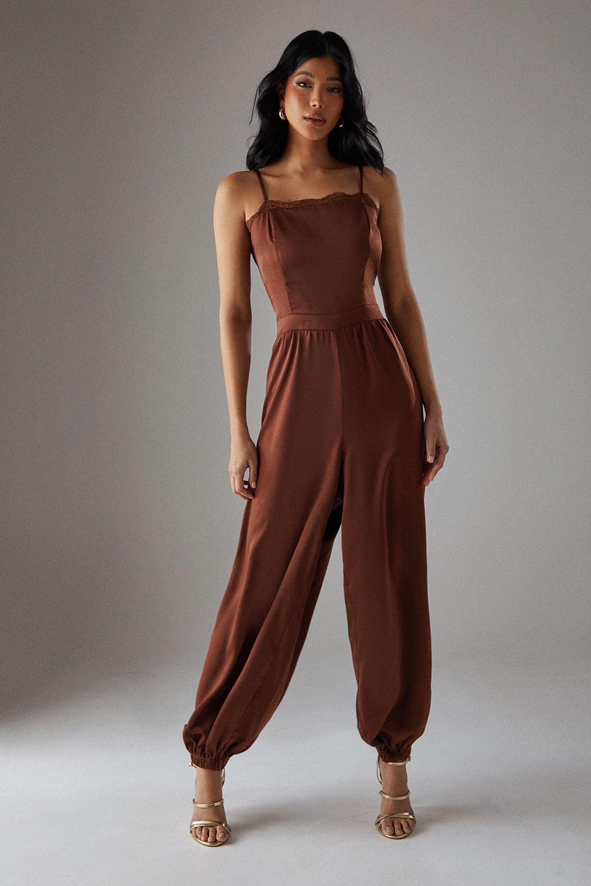 Warehouse Satin Lace Trim Elasticated Cuff Strappy Jumpsuit Chocolate image 1