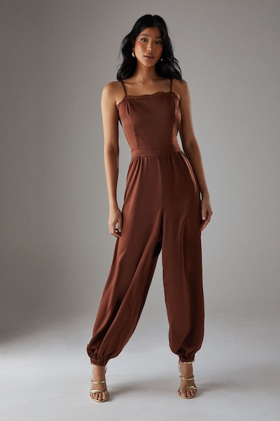 Warehouse Satin Lace Trim Elasticated Cuff Strappy Jumpsuit Chocolate