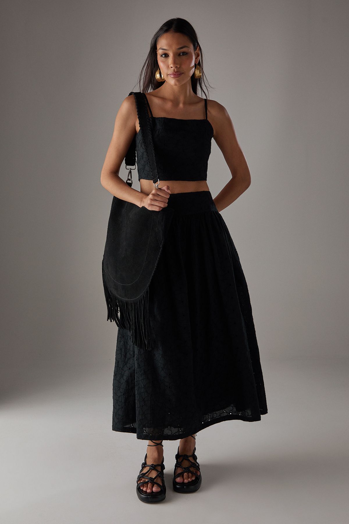 Warehouse HCD Broderie Button Through Midi Skirt Black image 4