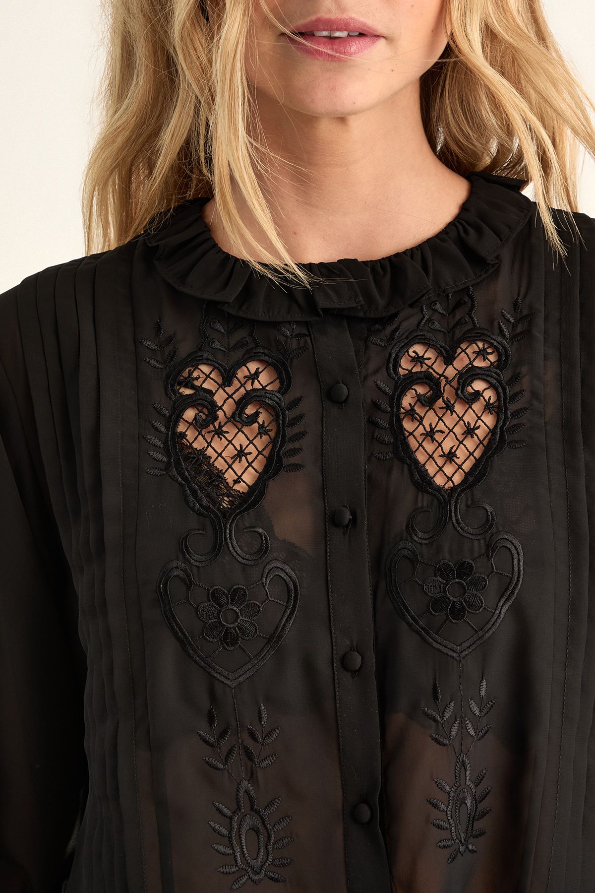 NastyGal Cutwork Sheer Pintuck Blouse Black image 5