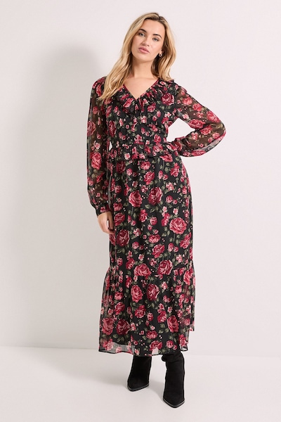 Dorothy Perkins Petite Black Floral Pleat Bodice Ruffle Neck Blouson Sleeve Midaxi Dress Floral