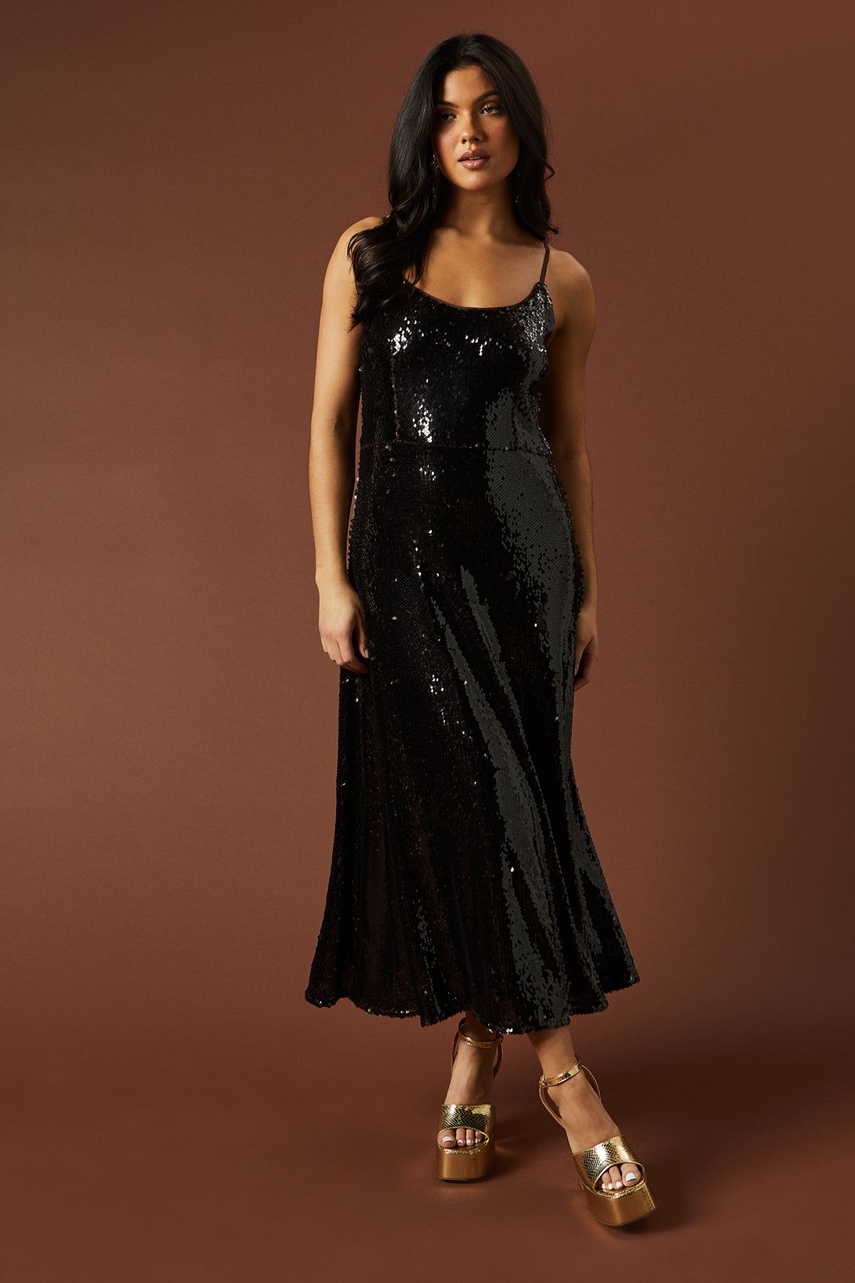 Oasis Occasion Clear Sequin Strappy Maxi Dress Chocolate image 1