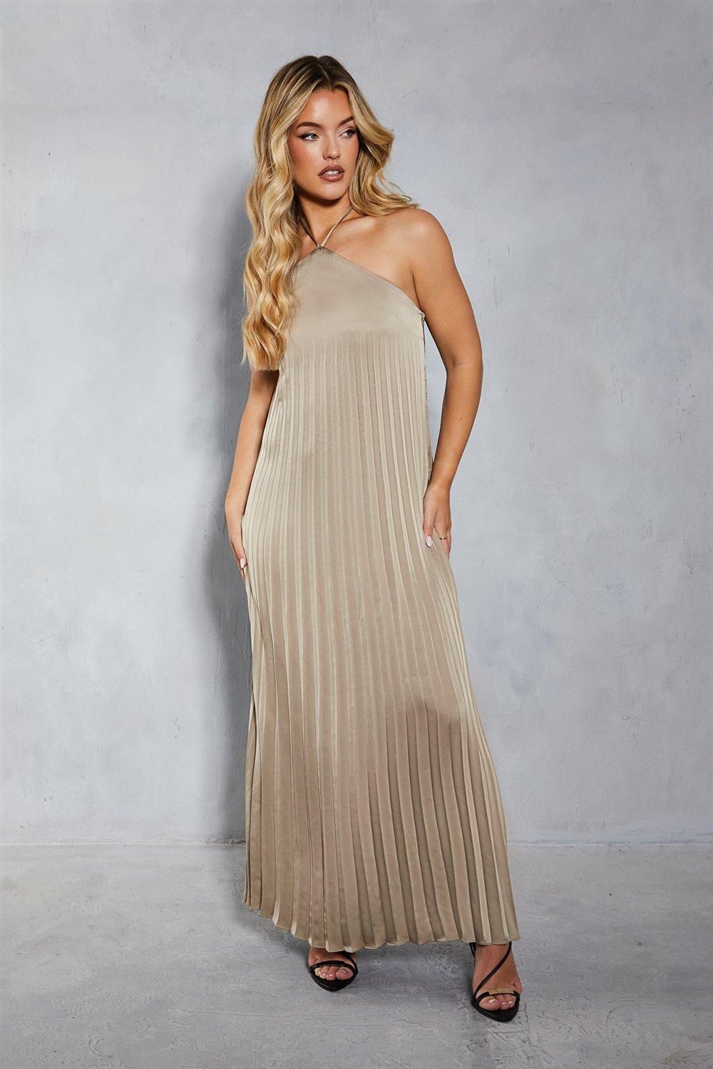 MissPap Satin Pleated Strappy Halterneck Low Back Maxi Dress Bronze image 1