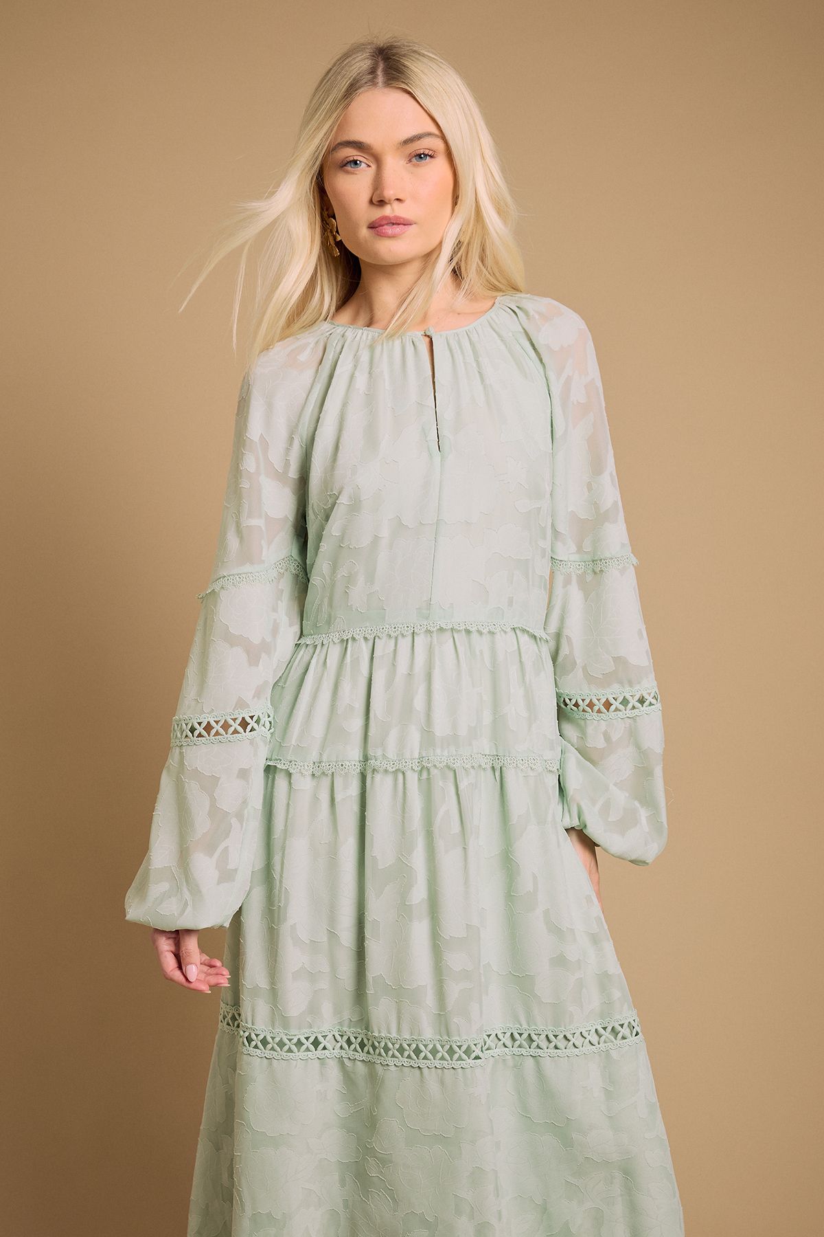 Oasis Lace Detail Smock Maxi Dress Green image 2