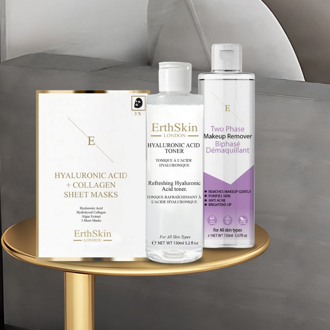 Erth Skin London Hydrating Trio: Makeup Remover 150ml + HA Toner 150ml & H. Collagen Sheet Mask image 2