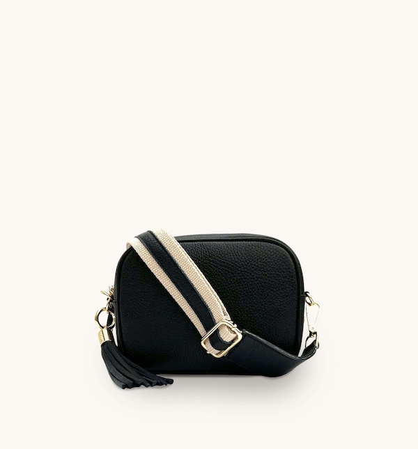 Apatchy London Black Leather Crossbody Bag With Leather & Canvas Strap