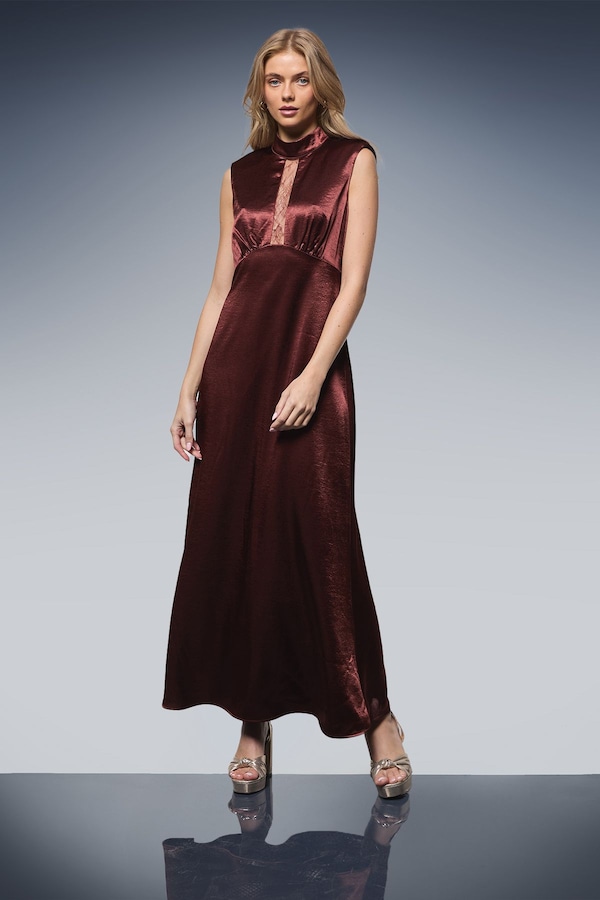 Oasis Lace Insert Sleeveless High Neck Midi Dress Chocolate