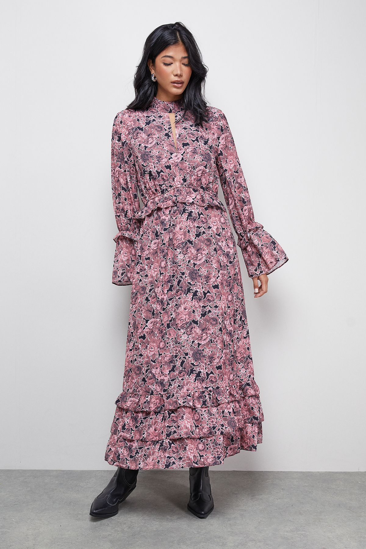 Warehouse Chiffon Shirred Frill Detail High Neck Midi Dress Floral image 1