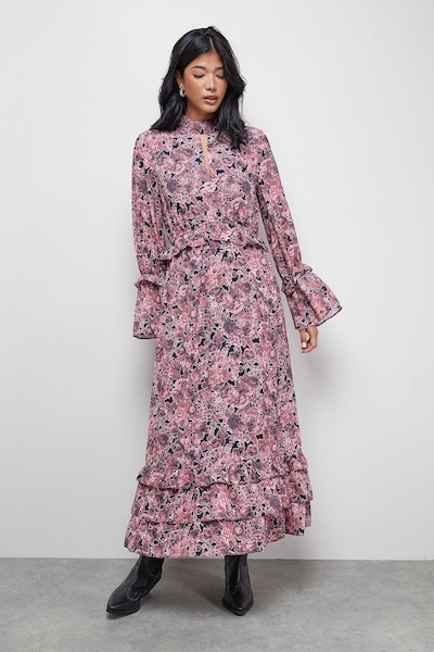 Warehouse Chiffon Shirred Frill Detail High Neck Midi Dress Floral