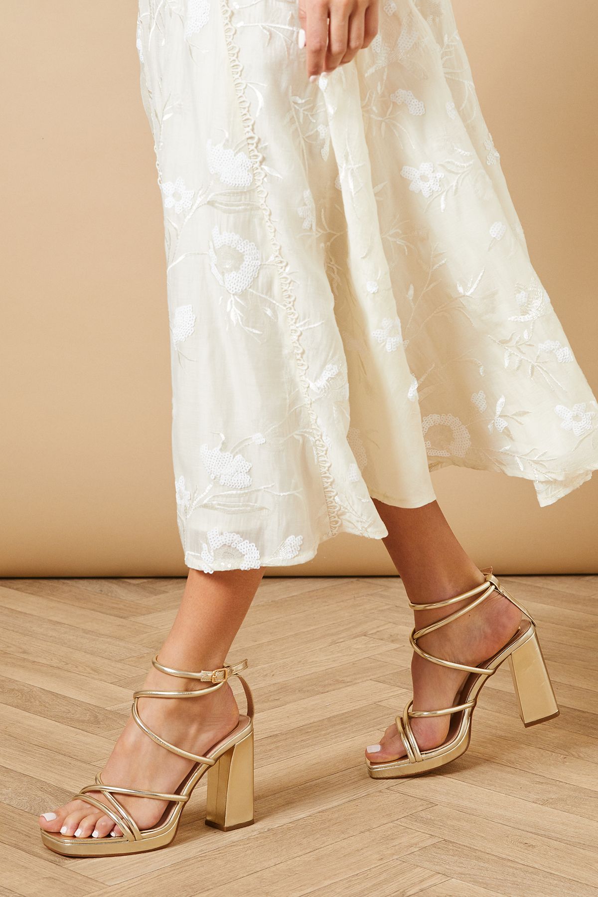 Oasis Evristine Faux Leather Strappy Platform High Block Heel Sandals Gold image 3