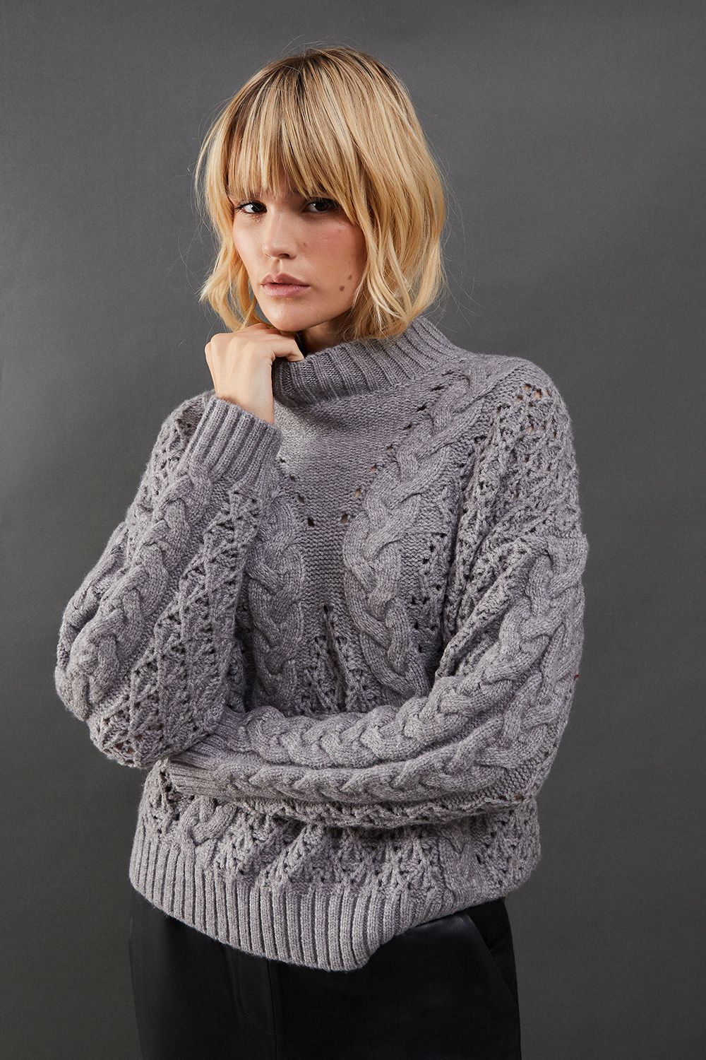 Warehouse Chunky Cable Knit Roll Neck Jumper Grey Marl