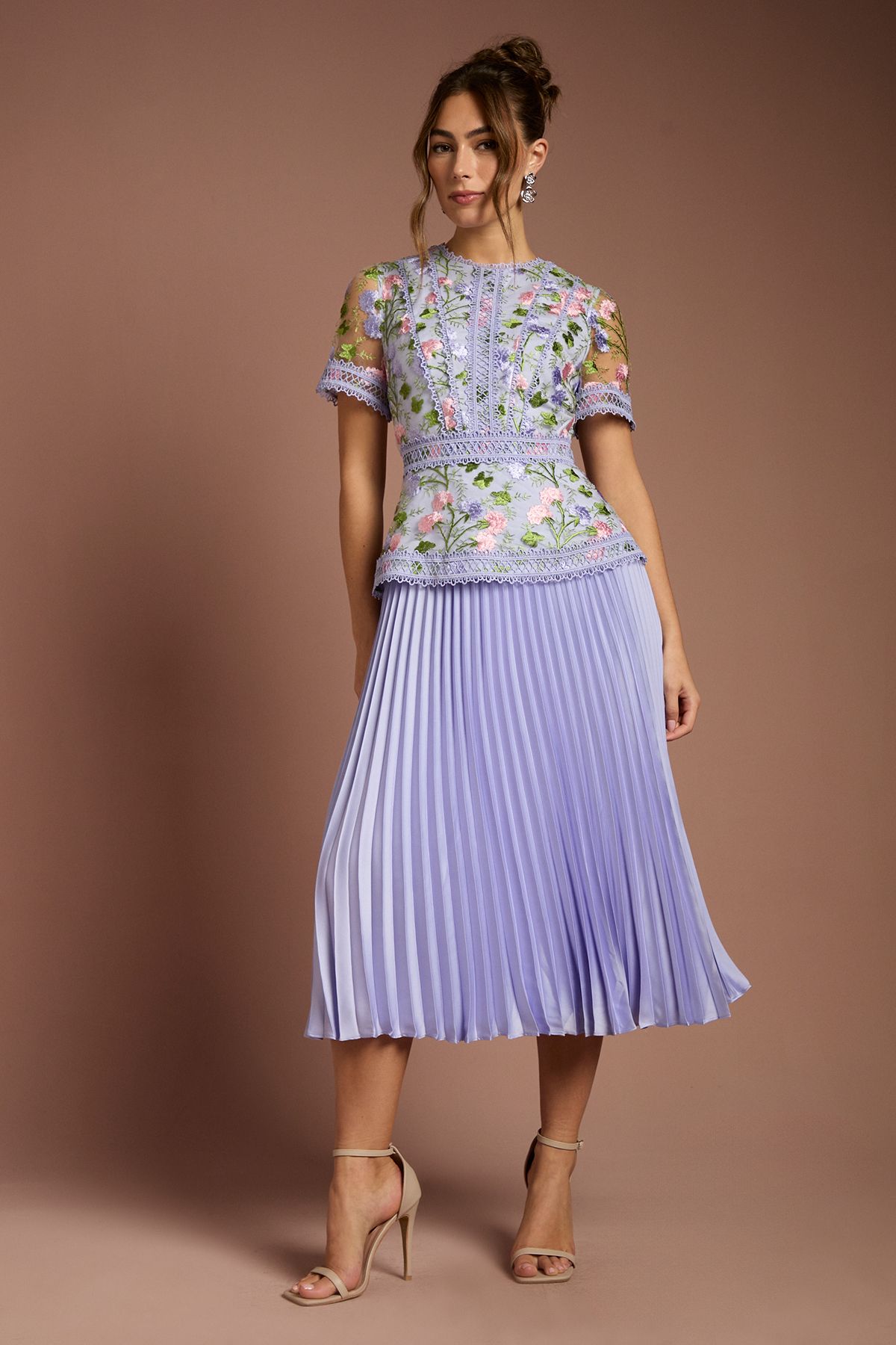 Coast Short Sleeve Embroidered Pleated Skirt Midi Dress Lilac image 1