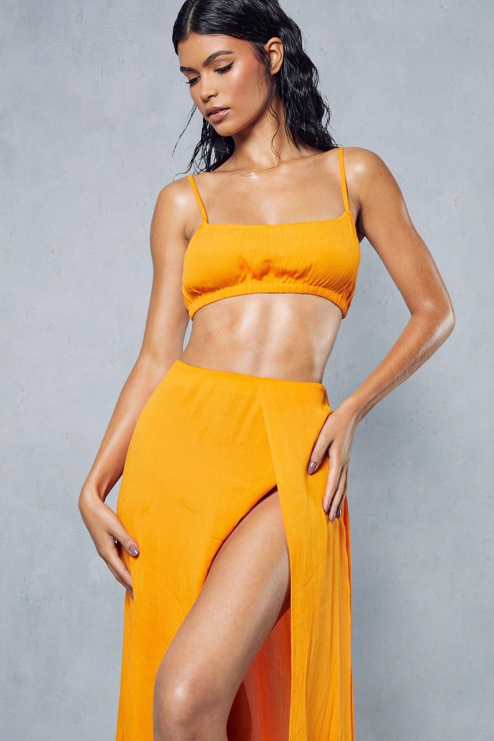 MissPap Crinkle Sheer Scoop Neck Strappy Bralet Orange