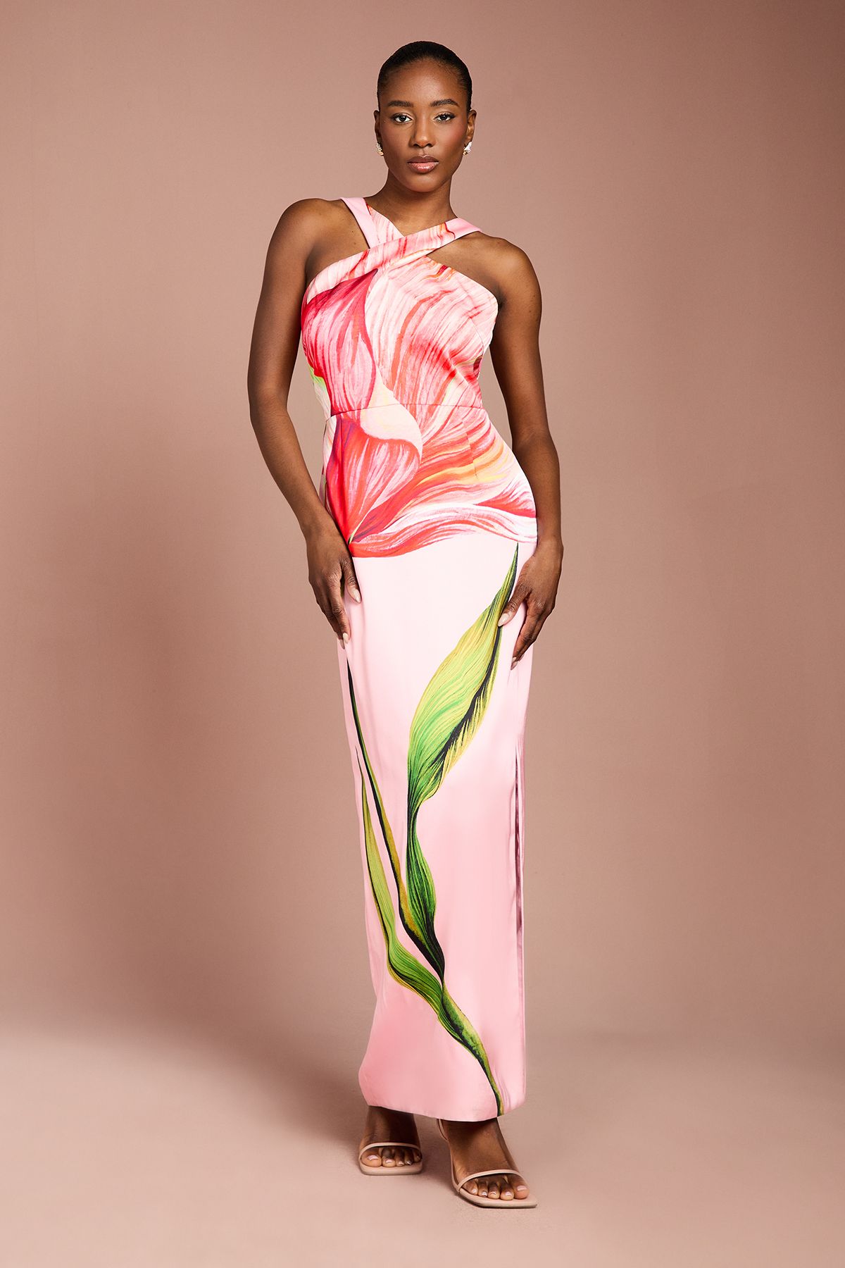 Coast Large Scale Floral Placement Print Halter Neck Pencil Dress Coral image 1