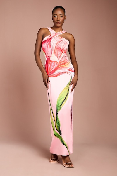 Coast Large Scale Floral Placement Print Halter Neck Pencil Dress Coral