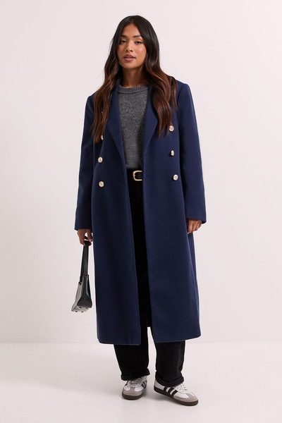 Dorothy Perkins Petite Midi Length Fitted Military Coat Navy